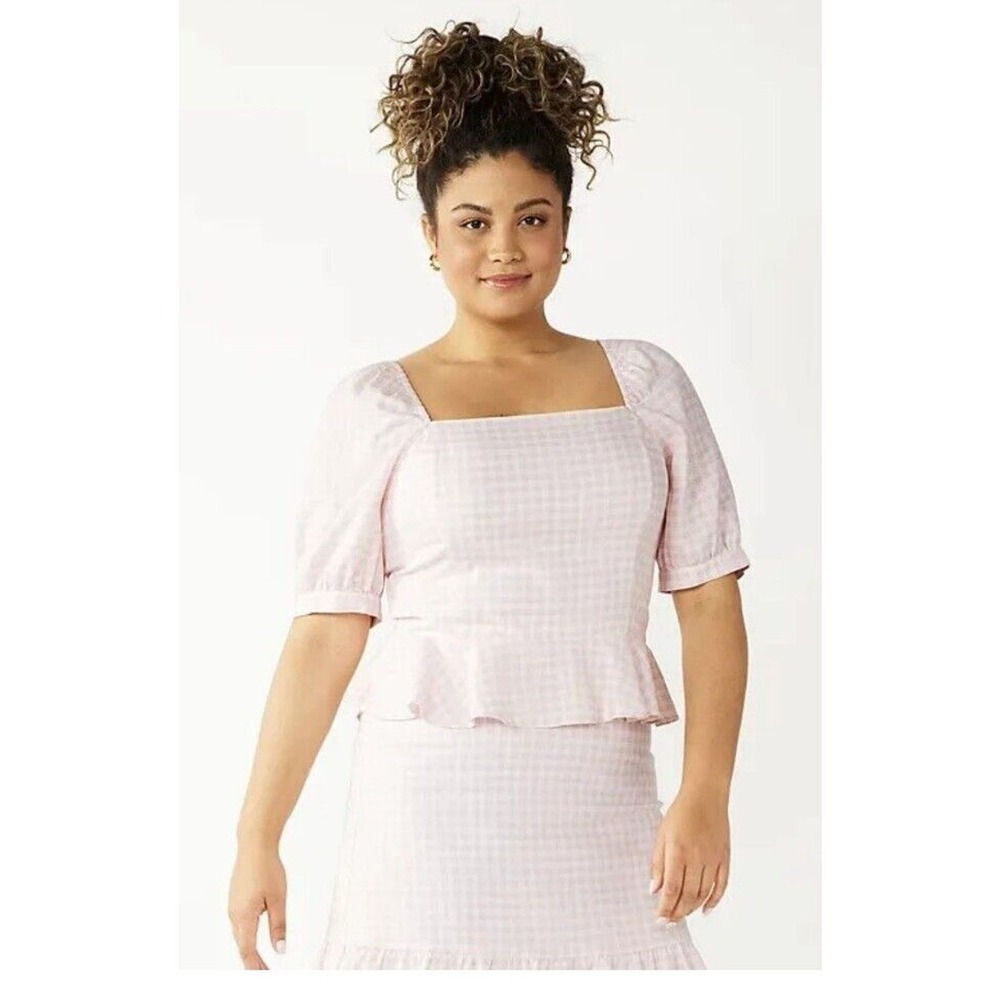 Draper James RSVP Pink Gingham Smocked Peplum Top Square Neck Linen Blend Small